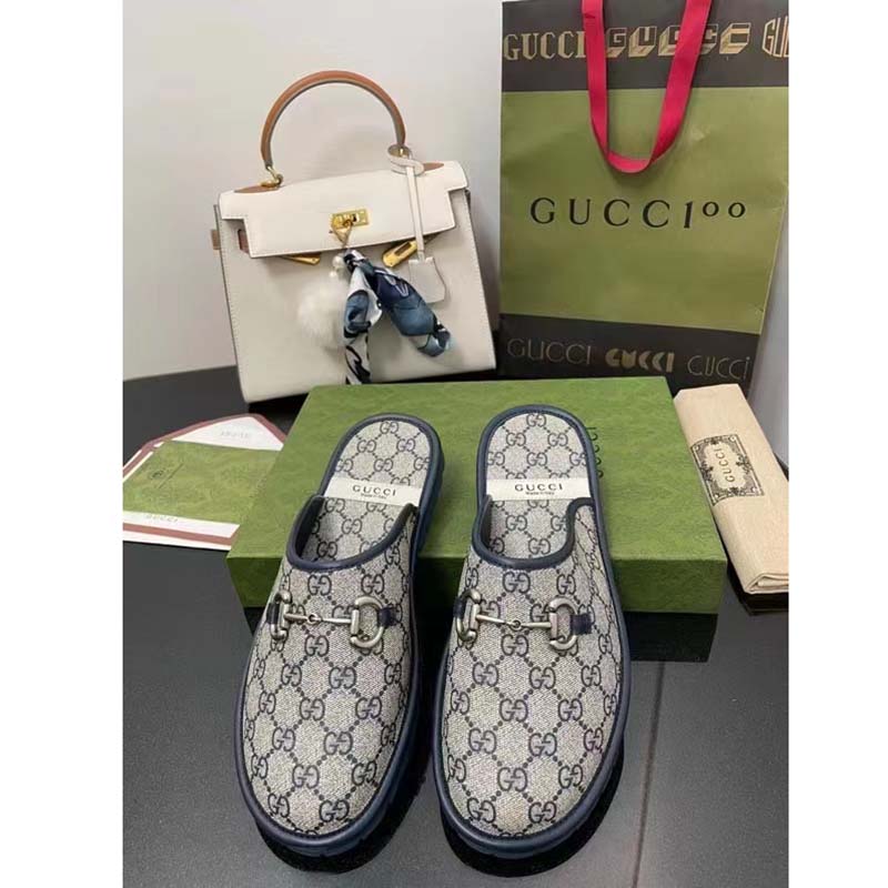Gucci Unisex Slipper Blue Beige GG Supreme Canvas Rubber Sole Low 1 Cm Heel