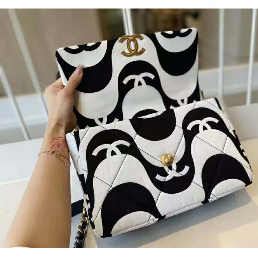 Chanel Women 19 Large Flap Bag Printed Fabric Gold Silver-Tone & Ruthenium-Finish Metal Black & Ecru