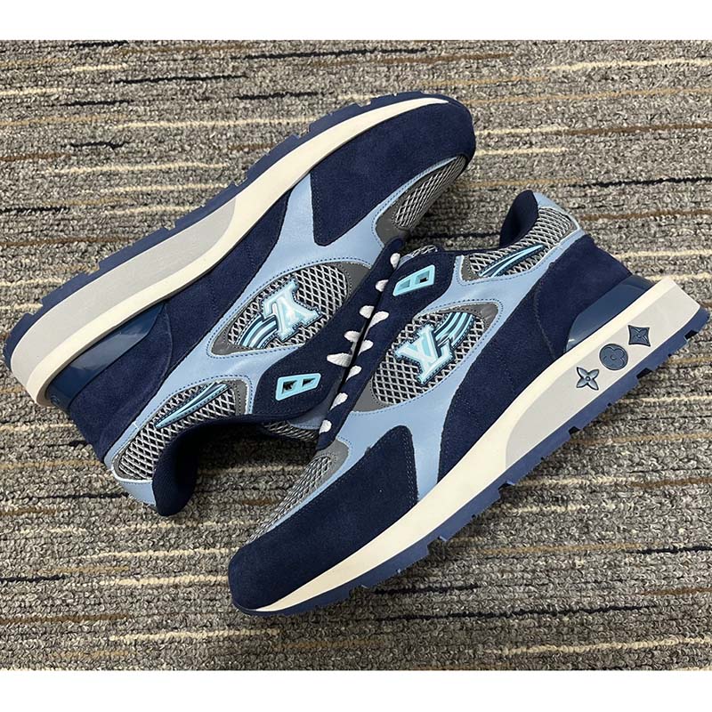 Louis Vuitton Unisex Run Away Sneaker Blue Mesh Suede Calf Leather Monogram Flowers