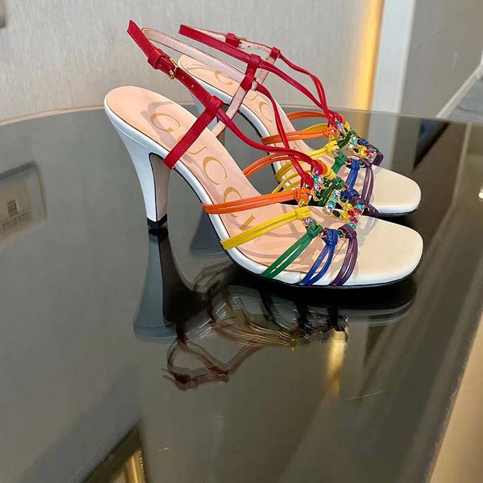 Gucci Women GG Sandal Interlocking G White Multicolor Leather High 9 Cm Heel