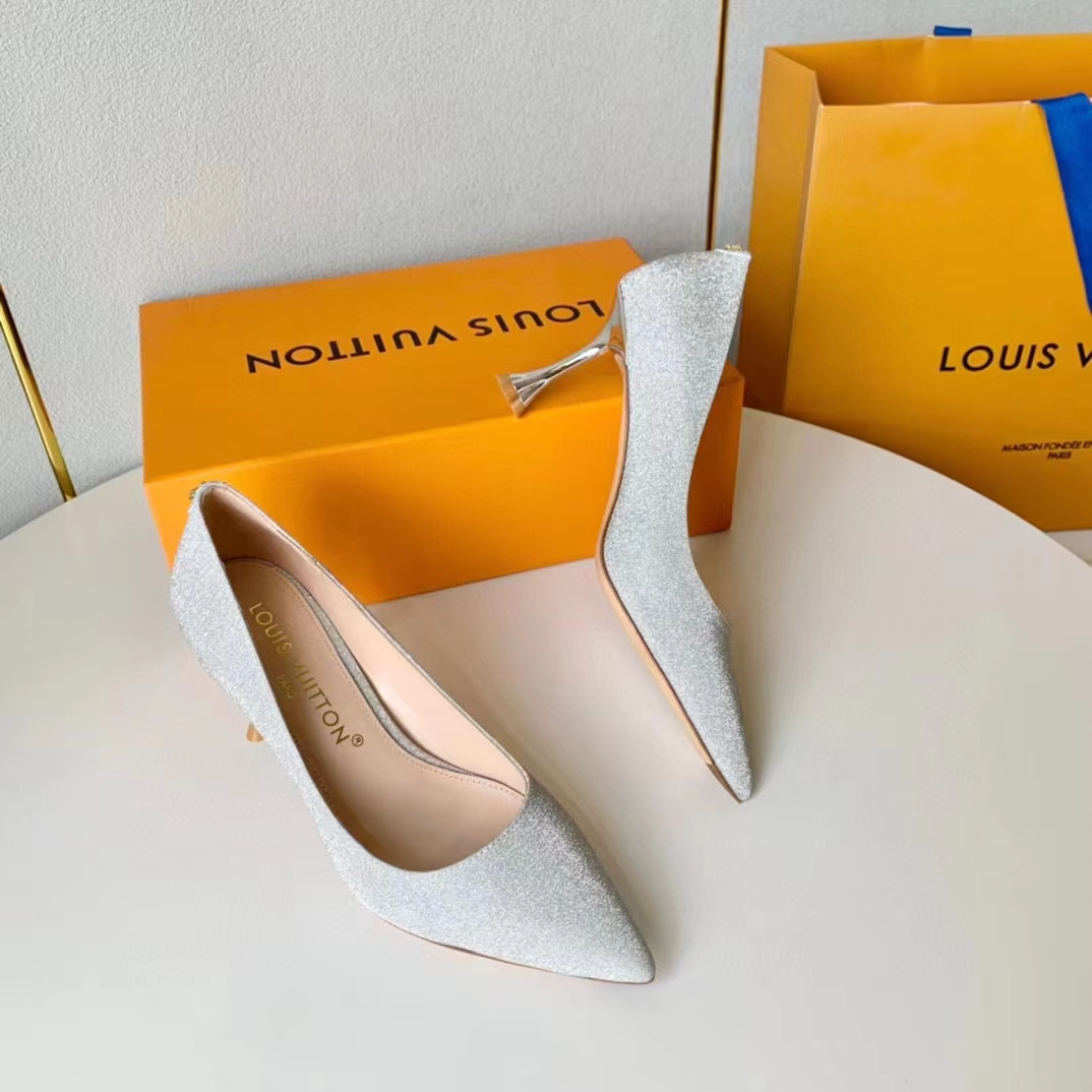 Louis Vuitton LV Women Blossom Pump Silver Textile Leather 9.5 CM Monogram Flower Heel