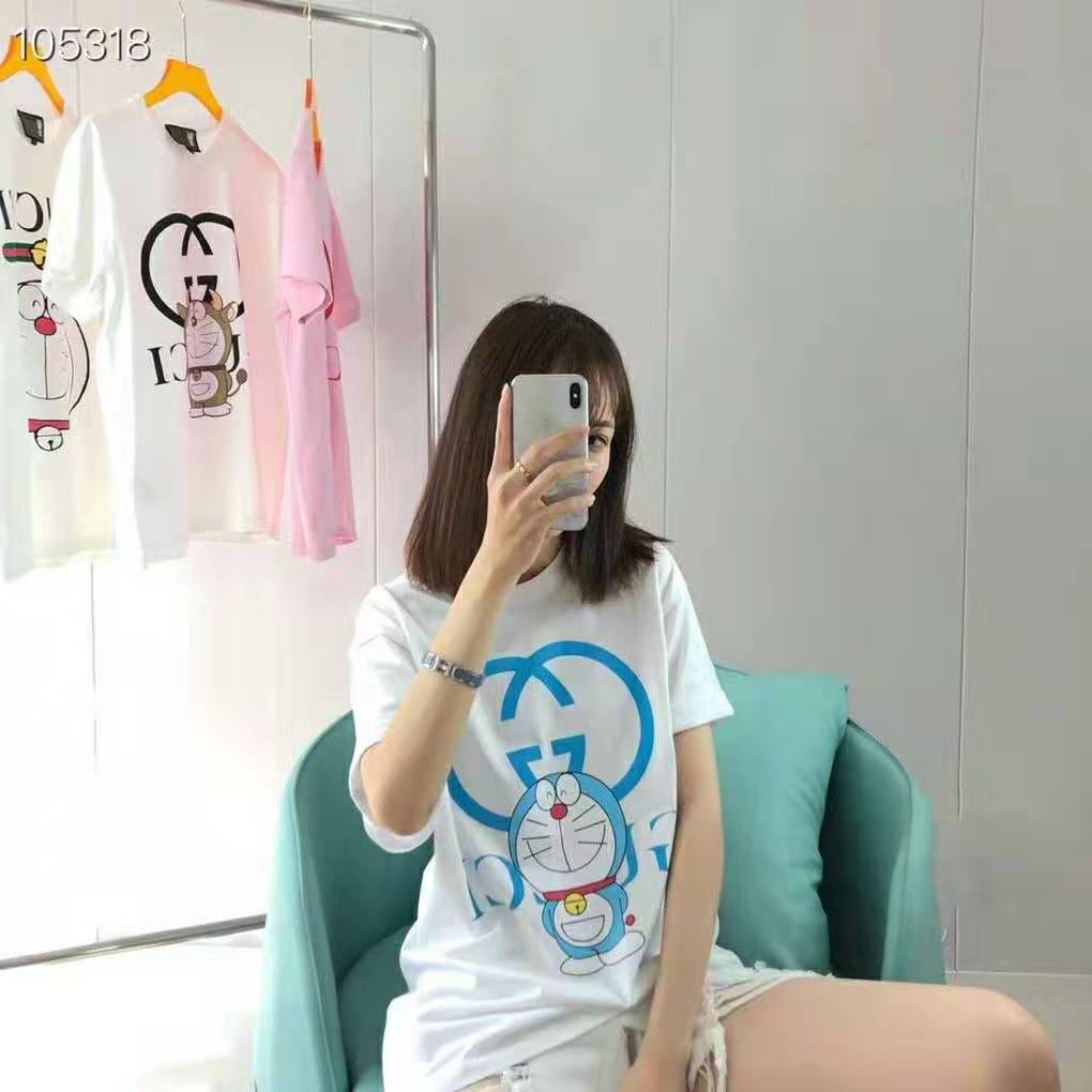 Gucci Women Doraemon x Gucci Oversize T-Shirt Ivory Cotton Jersey Crewneck-Blue