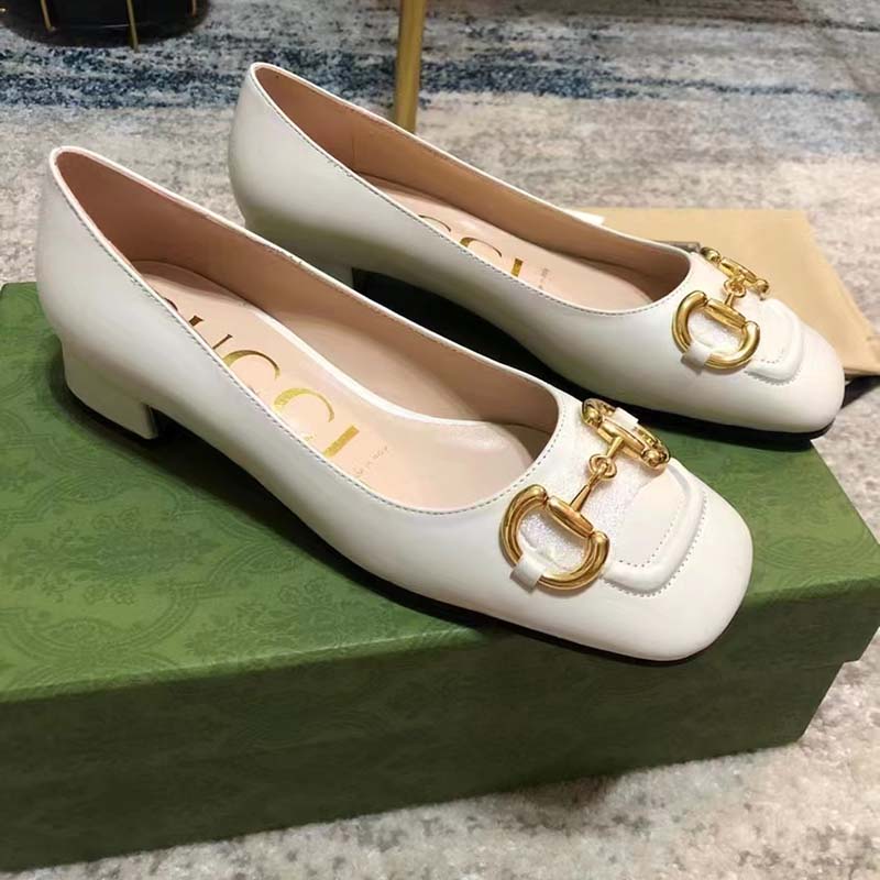 Gucci Women Ballet Flat Horsebit White Leather Low 2.5 cm Heel