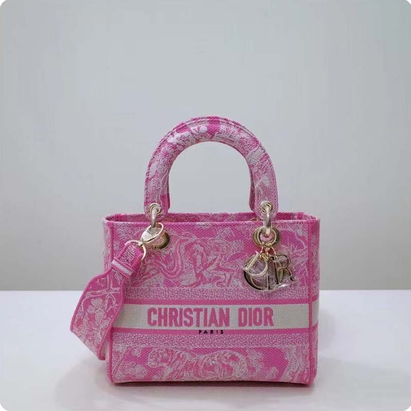 Dior Women CD Medium Lady D-Lite Bag Fluorescent Pink Toile De Jouy Reverse Embroidery