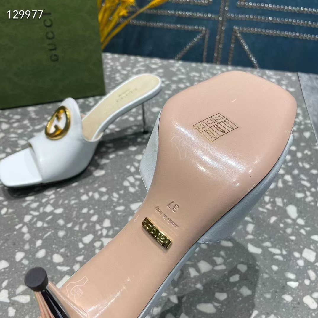 Gucci Women GG Blondie Slide Sandal White Leather Metallic Mid Heel 6.6 Cm Heel