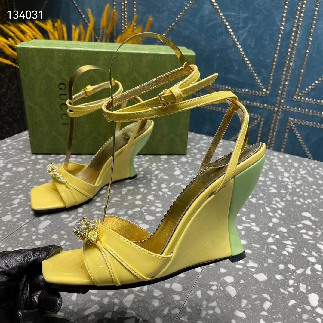 Gucci Women GG High-Heel Sandal Hardware Yellow Patent Leather Square Toe Geometric-Shaped Heel