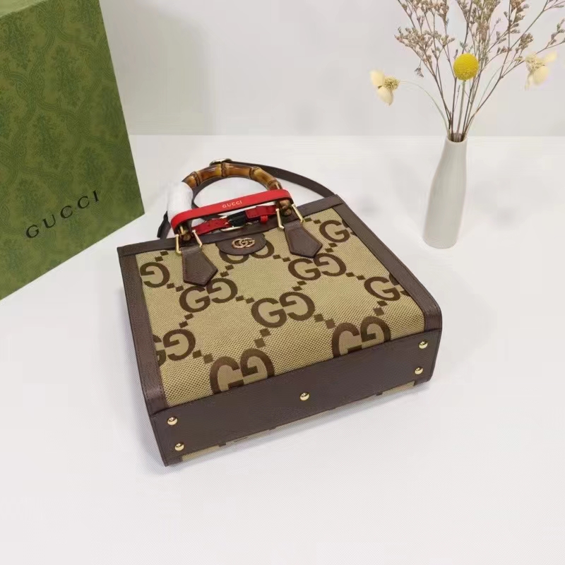 Gucci Unisex Diana Jumbo GG Small Tote Bag Double G Camel Brown Canvas