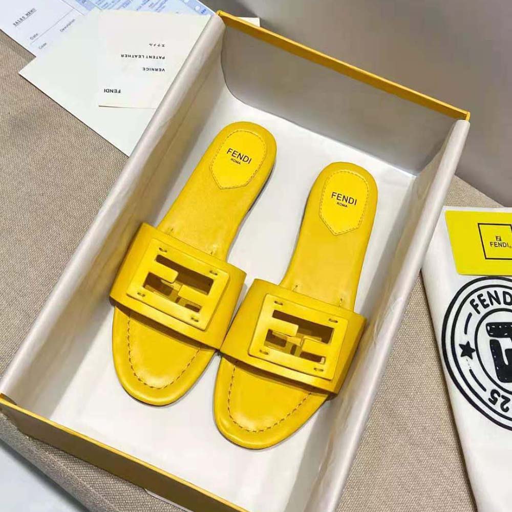 Fendi Women Signature Yellow Leather Slides in 0.4 inches Heel Height