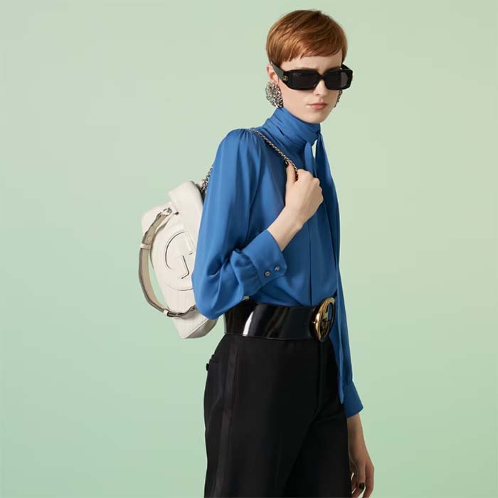 Gucci Women GG Blondie Small Tote Bag White Leather Round Interlocking G