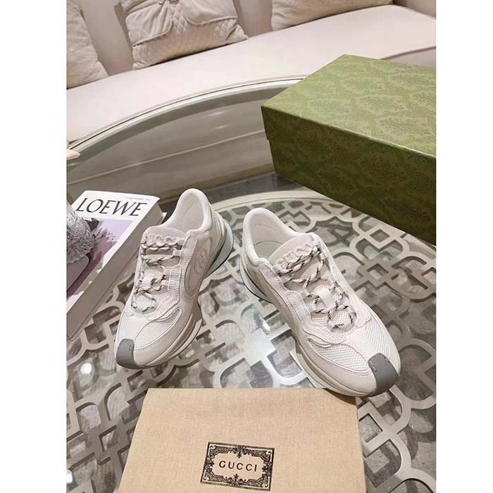Gucci Unisex GG Run Sneaker White Suede Interlocking G Bi-Color Rubber Lace-Up Low-Heel