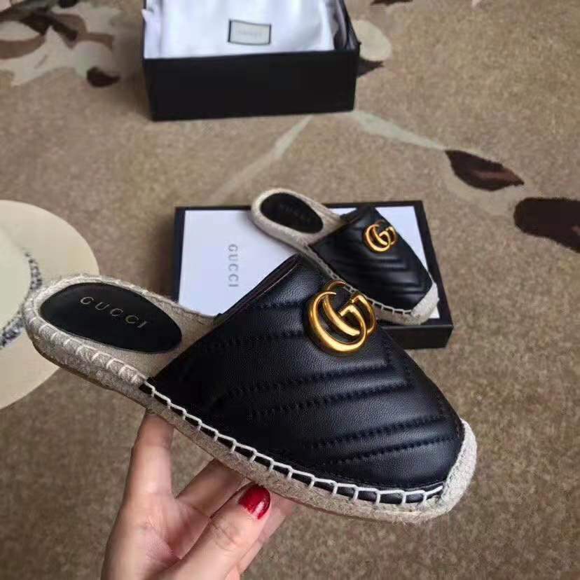 Gucci Women Leather Espadrille with Double G in 2 cm Height-Black