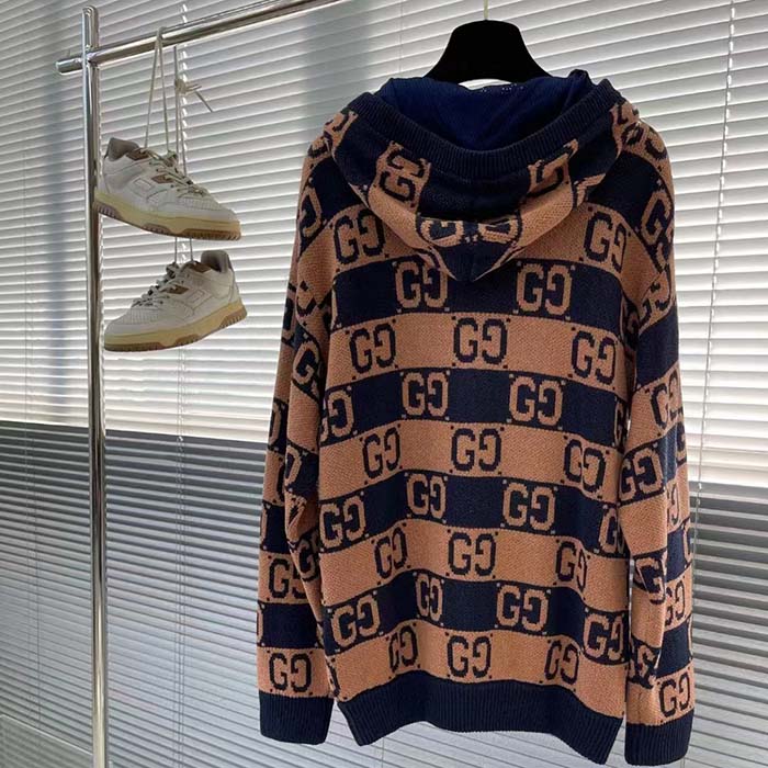 Gucci Women GG Cotton Jacquard Hooded Sweater Beige Dark Blue Dropped Shoulder Kangaroo Pocket