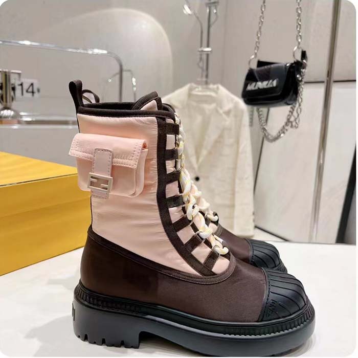 Fendi Women FF Domino Biker Boots Pink Nylon Polyamide Polyester 5 Cm Heel