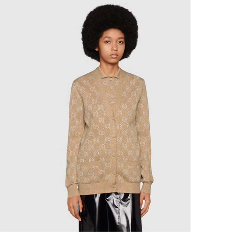 Gucci Women Lamé GG Jacquard Cardigan Camel Beige Fine Cotton