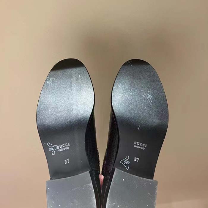 Gucci Women GG Boot Double G Embroidery Studs Black Leather Low 3.6 CM Heel