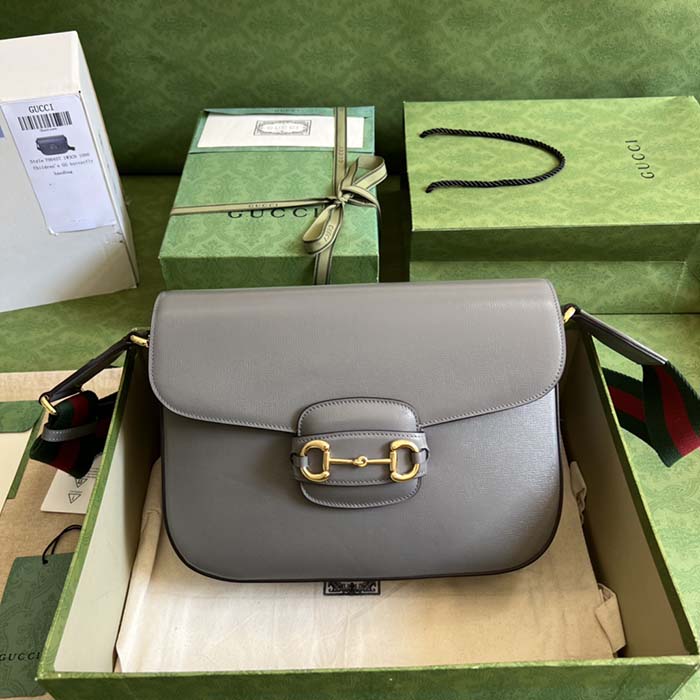 Gucci GG Unisex Horsebit 1955 Shoulder Bag Grey Leather Flap Closure