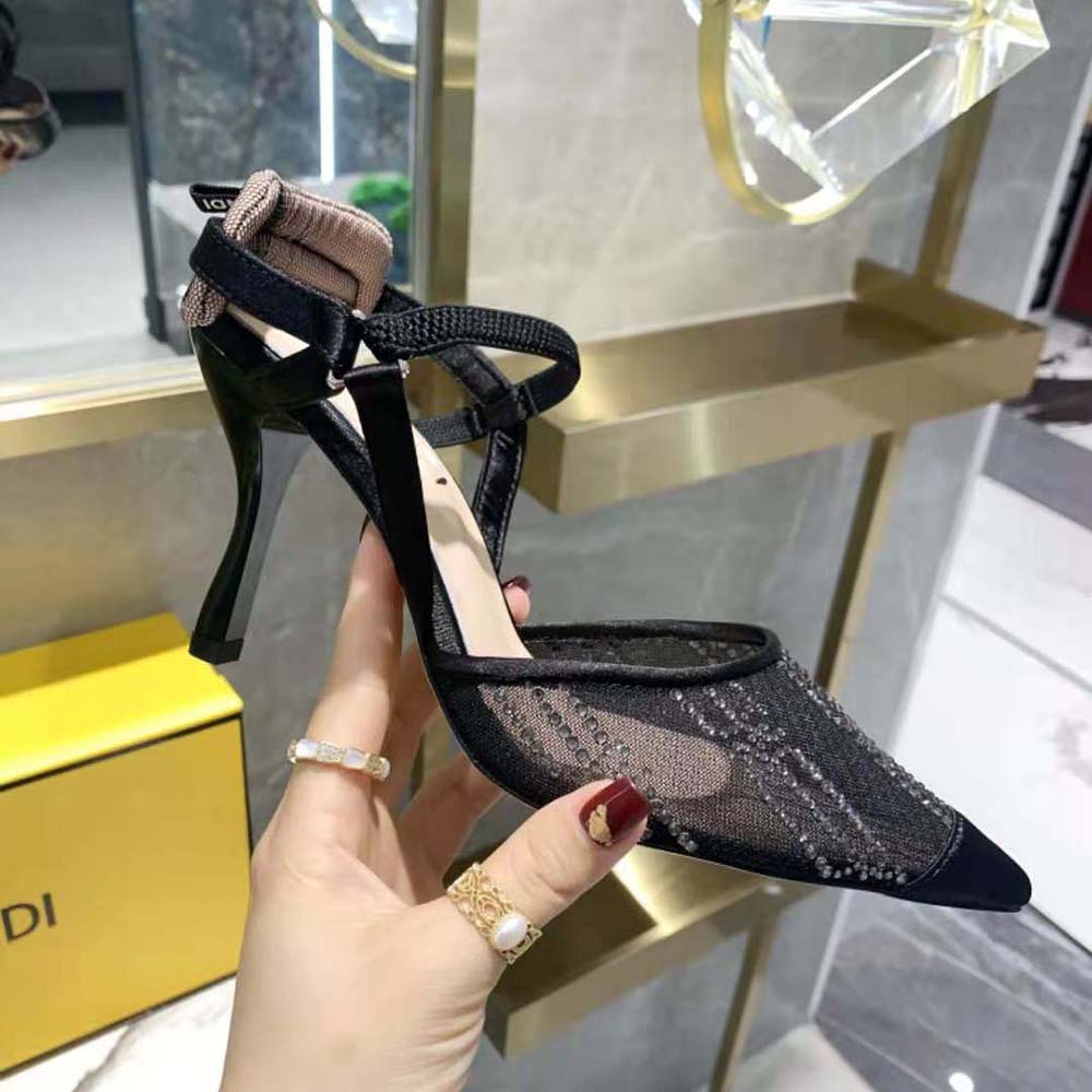 Fendi Women Colibri Black Mesh High-Heeled Slingbacks with Rhinestone Embroidery