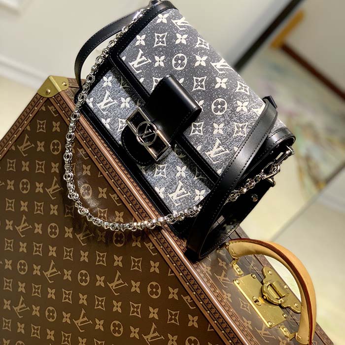 Louis Vuitton LV Women Dauphine MM Handbag Gray Denim Textile Jacquard