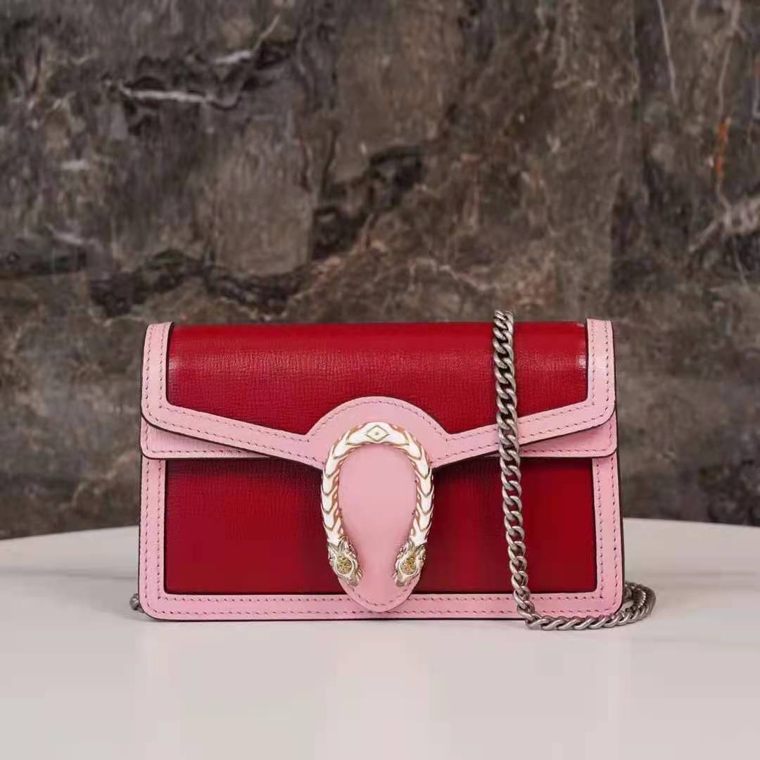 Gucci Women Dionysus Small Shoulder Bag Dark Red Leather with Pink Leather