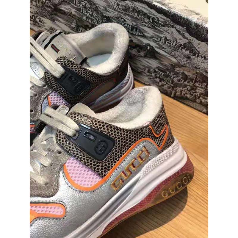 Gucci Unisex Ultrapace Sneaker with Embroidered Gucci and Interlocking G in Metallic Leather-Grey
