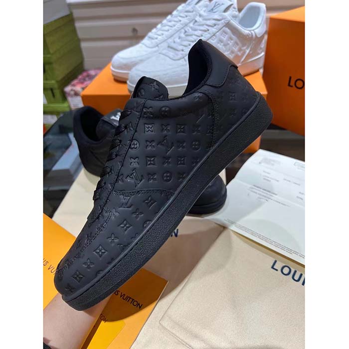 Louis Vuitton LV Unisex Rivoli Sneaker Black Mini Monogram Embossed Calf Leather Rubber