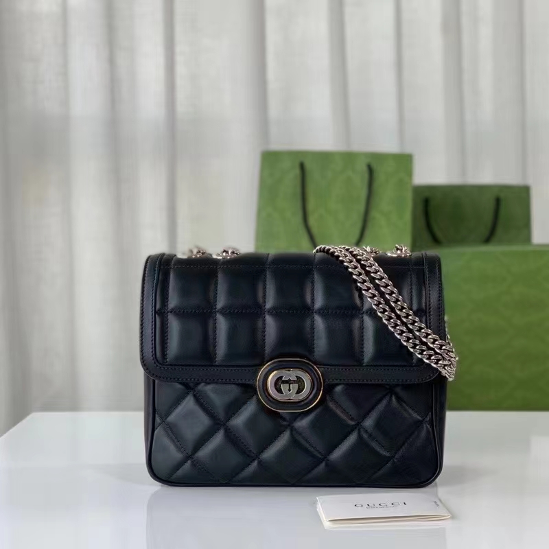 Gucci Women GG Deco Small Shoulder Bag Black Quilted Leather