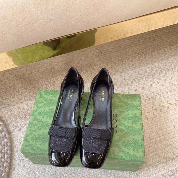 Gucci Women Pump GG Canvas Black Patent Leather Bow Leather Sole Cut-Out Block Heel