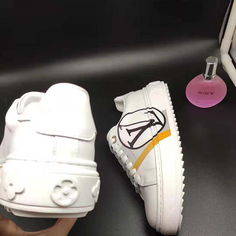 Louis Vuitton LV Unisex Time Out Sneaker in Calf Leather and Monogram Flowers-Grey