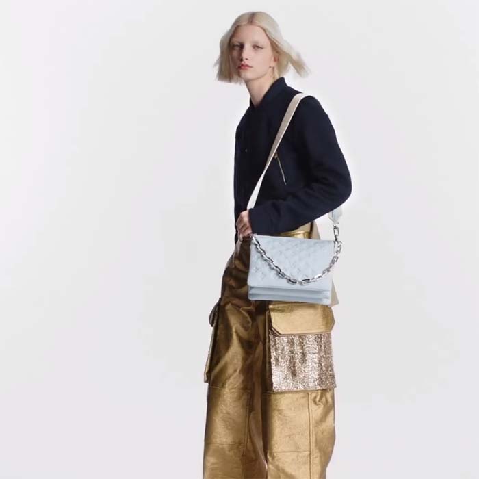 Louis Vuitton LV Women Coussin PM Handbag Ice Blue Lambskin Cowhide Leather Zip Closure