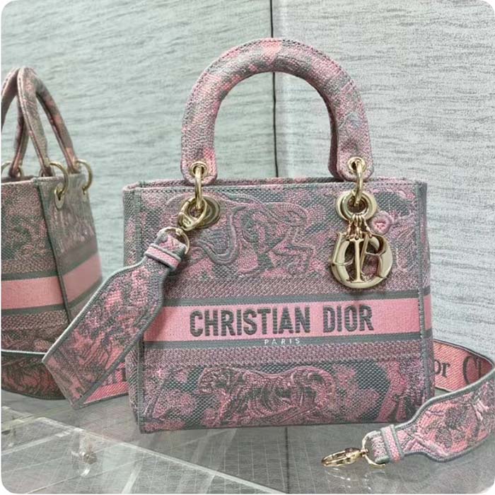 Dior Women CD Medium Lady D-Lite Bag Gray Pink Toile De Jouy Reverse Embroidery