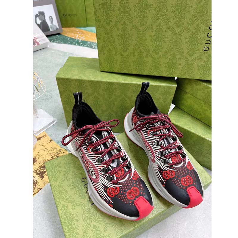 Gucci Unisex GG Run Sneaker Black Red Technical Knit Fabric Rubber Interlocking G
