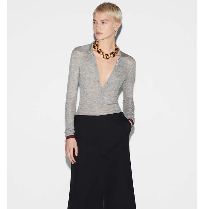 Gucci Women GG Extra Fine Rib Cashmere Knit Top Grey Silk Polo Neck