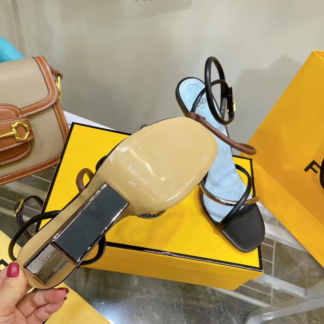 Fendi Women FF First Brown Nappa Leather High-Heeled Sandals 9.5 cm Heel