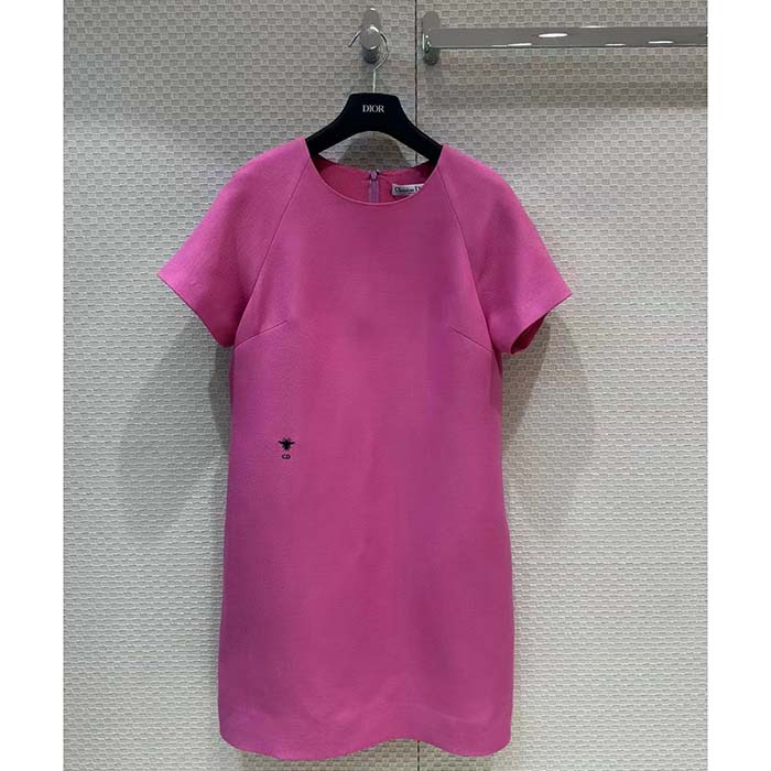 Dior Women CD Straight Dress Pink Wool Silk Back Zip Closure Side Welt Pockets
