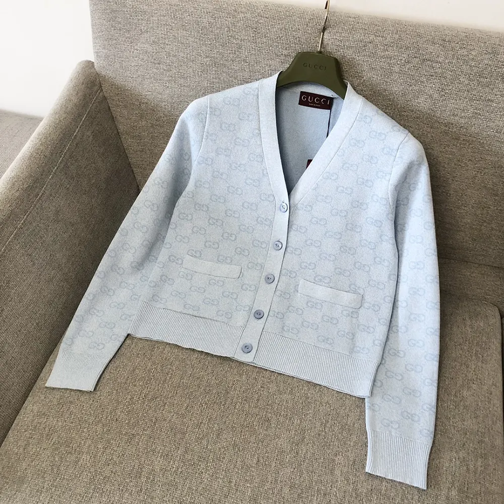 Gucci Women Fine Cotton GG Jacquard Cardigan-Light Blue 818735XKEOH