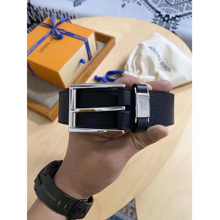 Louis Vuitton Unisex Pont Neuf 35 MM Width Black Taurillon Leather Belt LV Logo