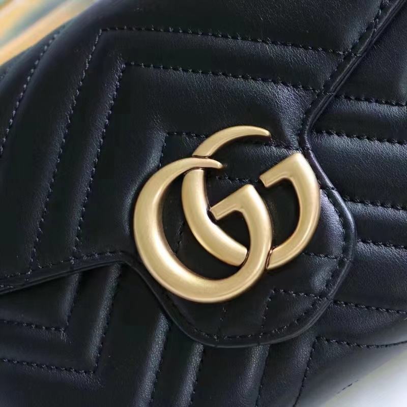Gucci Women GG Marmont Matelassé Mini Bag Black Chevron Leather Double G