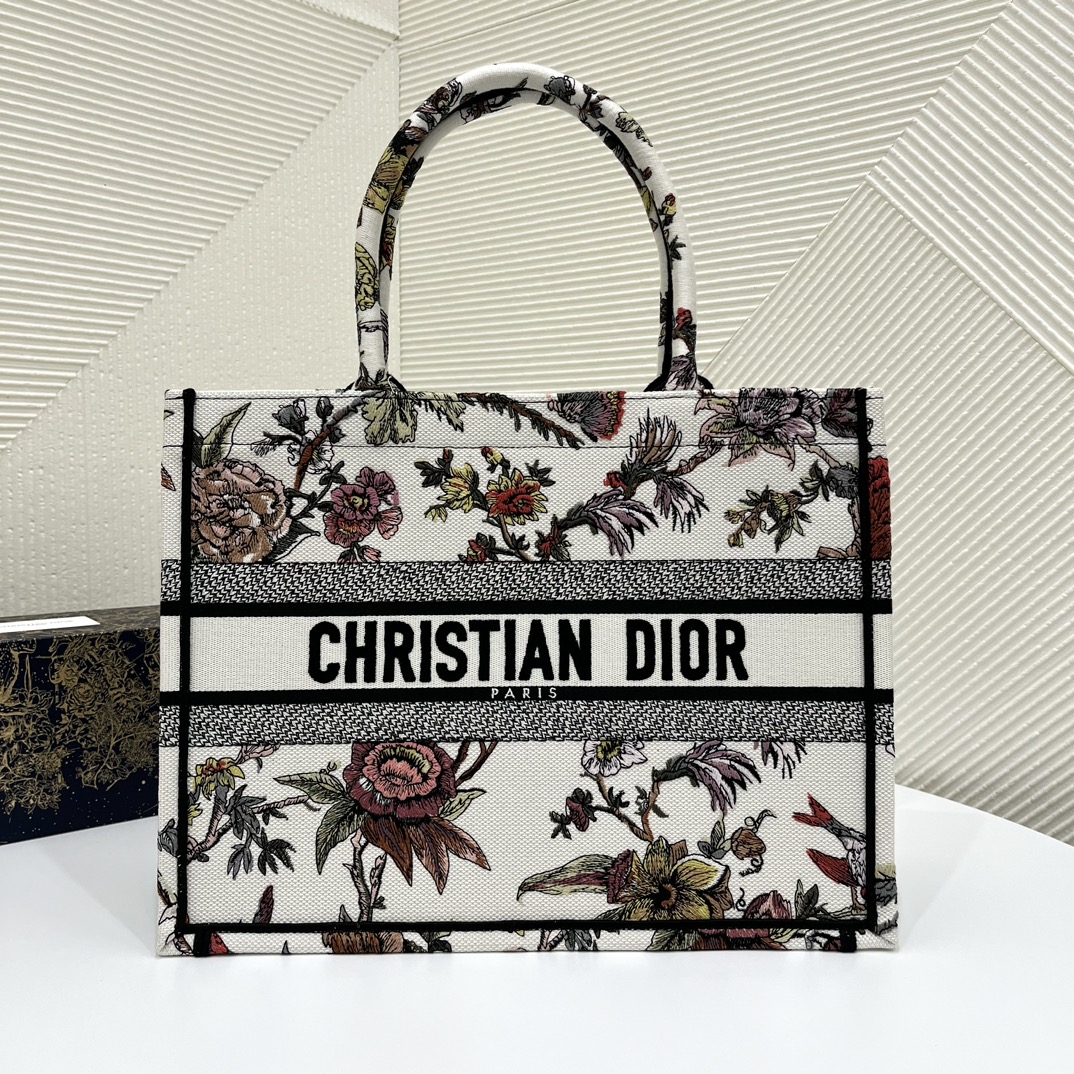 Dior Women CD Medium Book Tote White Multicolor Jardin Botanique Embroidery