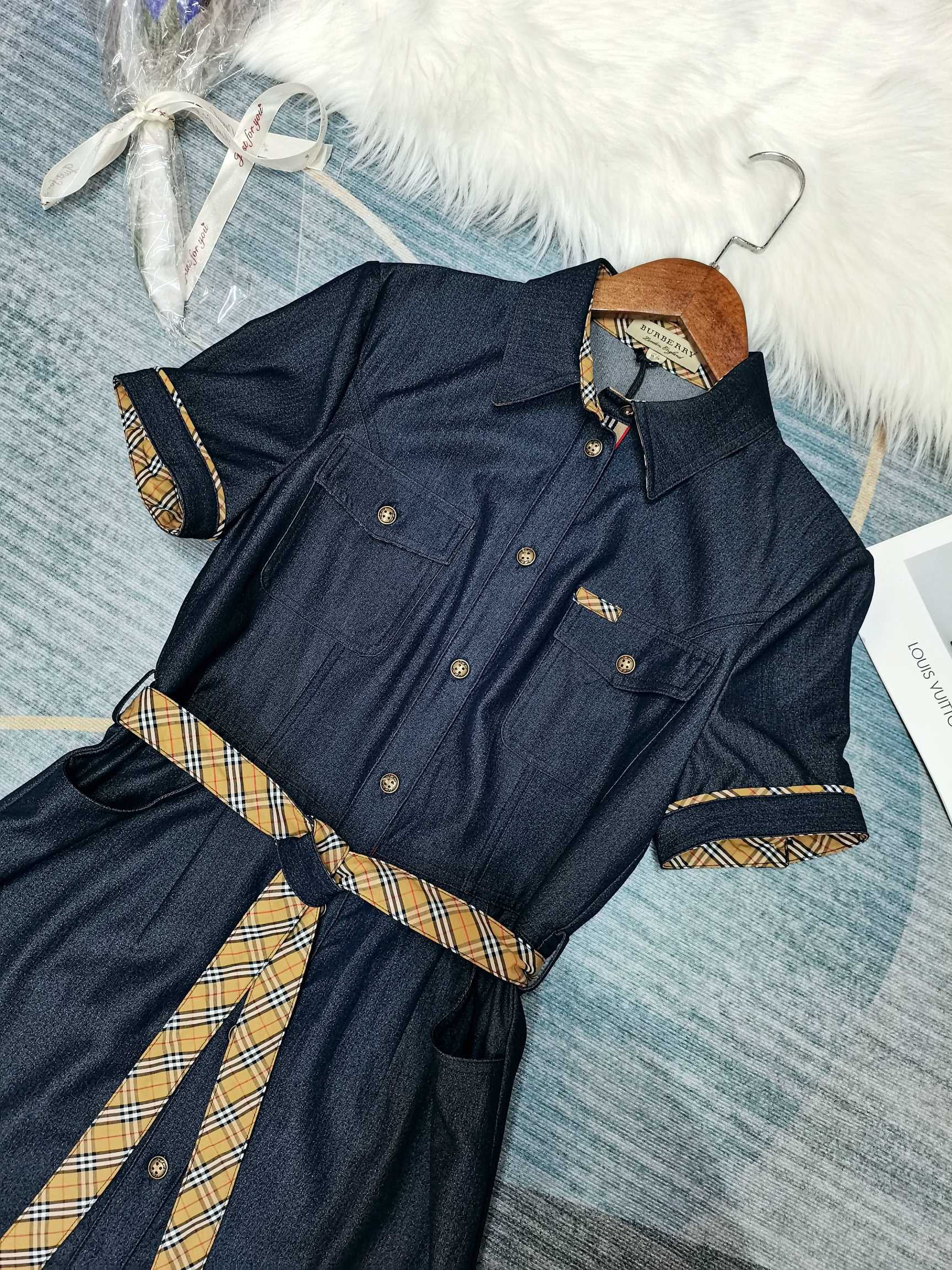 Classic plaid slim fit denim dress with temperament 1025061810