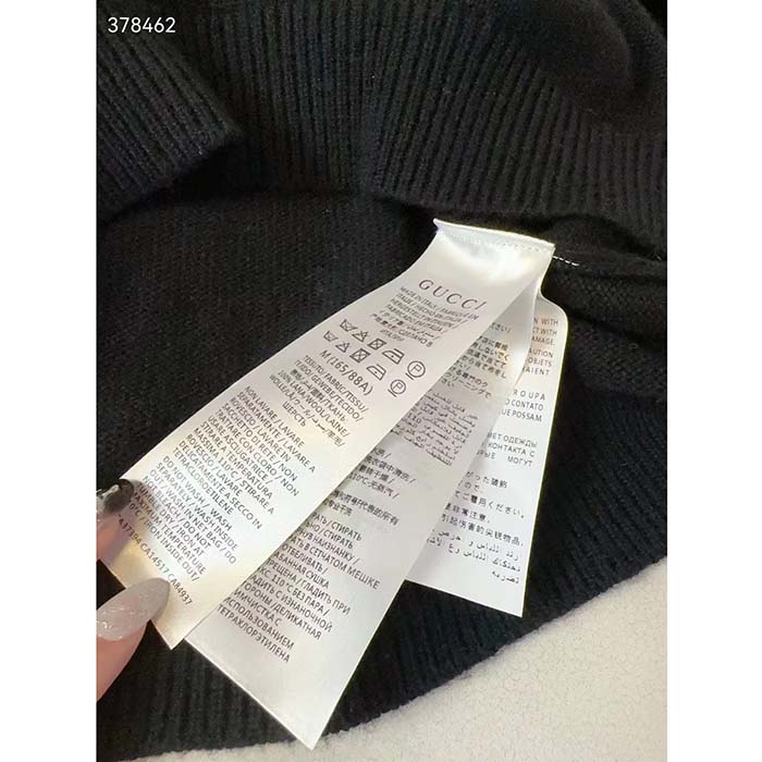 Gucci Women GG Wool Top Gucci Intarsia Black Ivory Wool Crewneck Dropped Shoulder Long Sleeves Rib