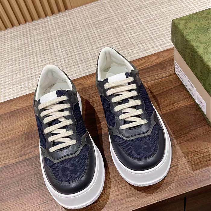 Gucci Unisex GG Lace Up Sneaker Grey Leather Blue Black GG Canvas