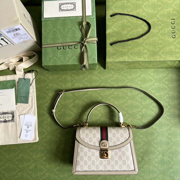 Gucci Women Ophidia GG Small Top Handle Bag Beige White Supreme Canvas