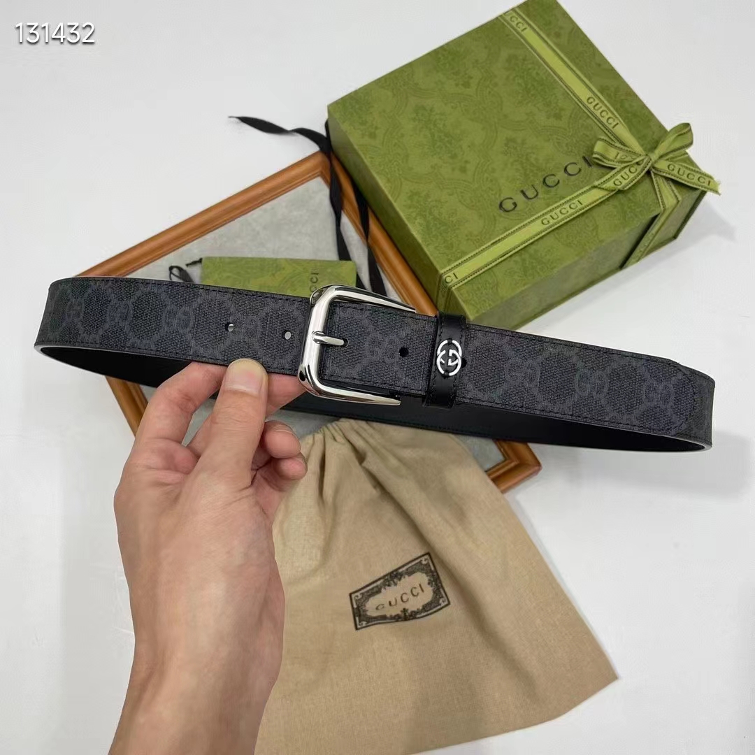 Gucci GG Unisex Belt Interlockig G Black GG Supreme Canvas Leather Square Buckle