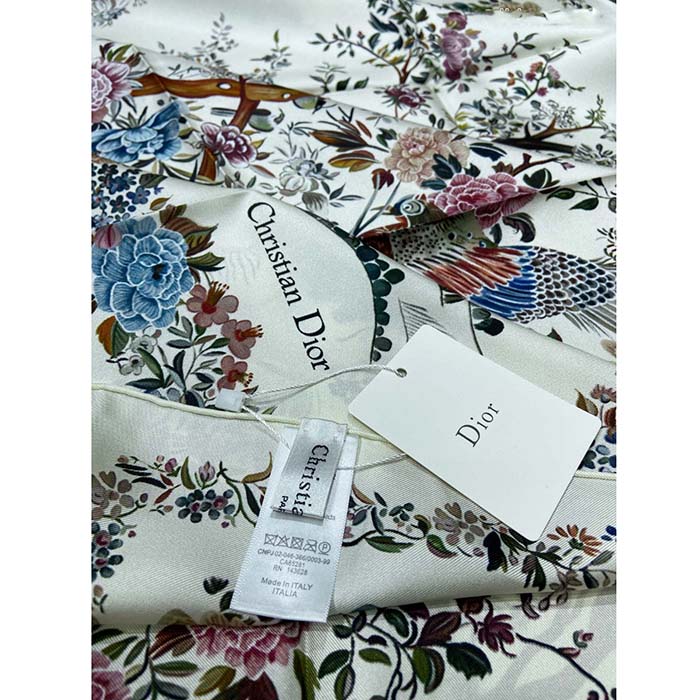 Dior CD Women Jardin D’Hiver 90 Square Scarf White Multicolor Silk Twill