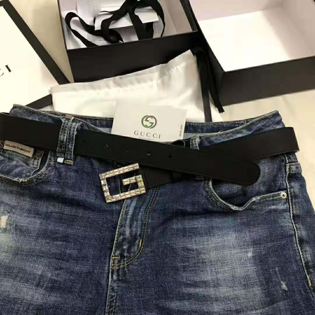 Gucci Unisex Leather Belt with Square G Buckle in 3.8cm Width-Black