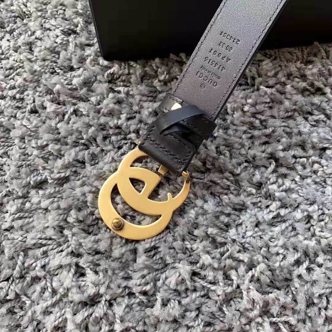 Gucci Unisex Leather Belt with Double G Buckle in 2.5cm Width-Black