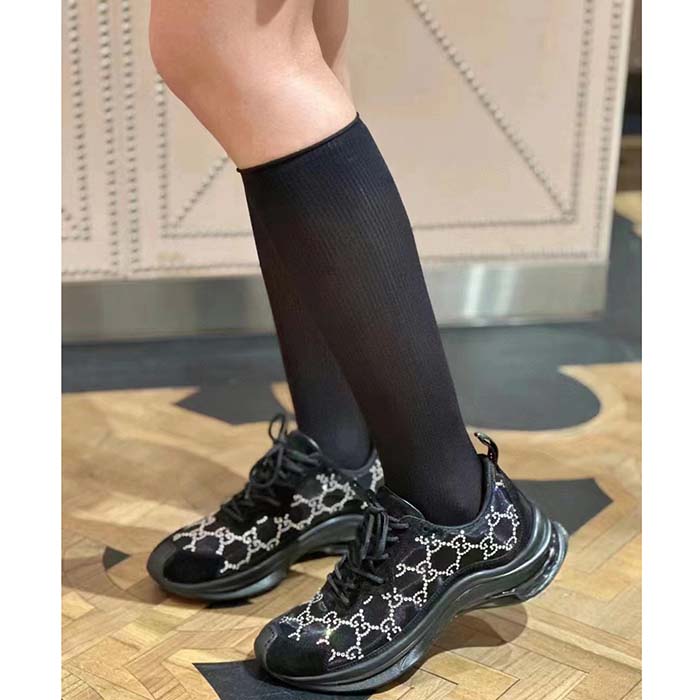 Gucci Unisex GG Gucci Run GG Crystal Mesh Sneaker Black Suede Mid 6 CM Heel