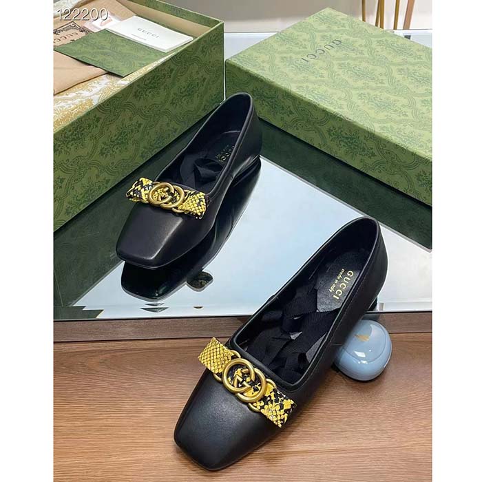 Gucci Women GG Interlocking G Ballet Flat Black Leather Python Print Leather Bow