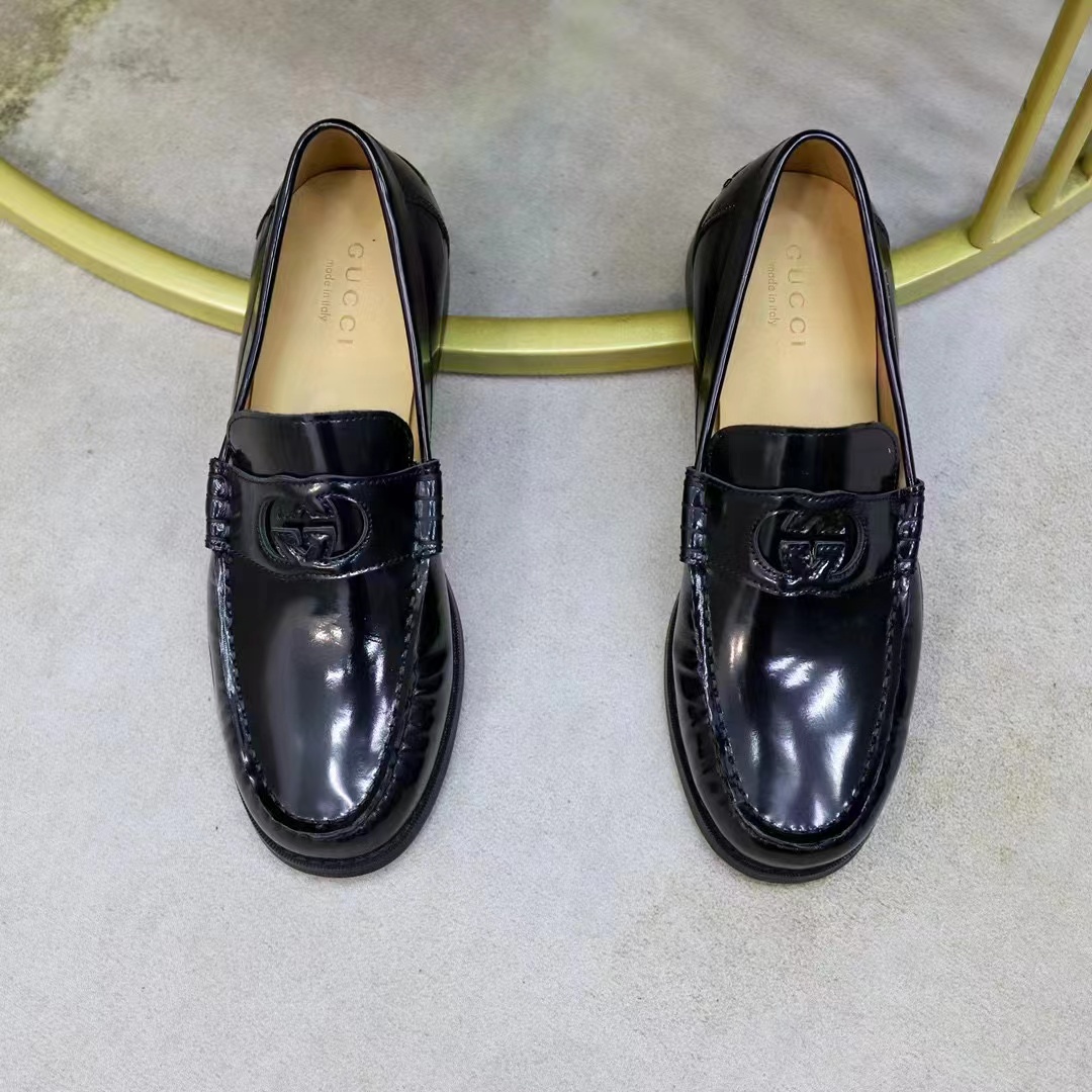 Gucci Unisex GG Interlocking G Loafer Black Leather Flat 1.5 CM Heel