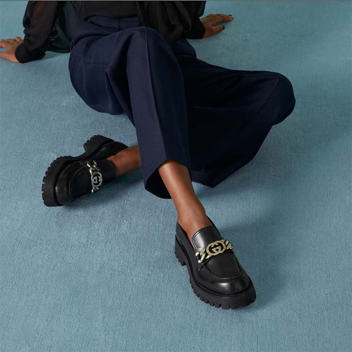 Gucci Women GG Interlocking G Lug Sole Loafer Black Leather Rubber Flat 1.5 CM Heel